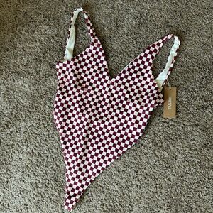 NWT TAN+lines by Sivan Ayala Maroon and White Checkered One Piece Swimsuit